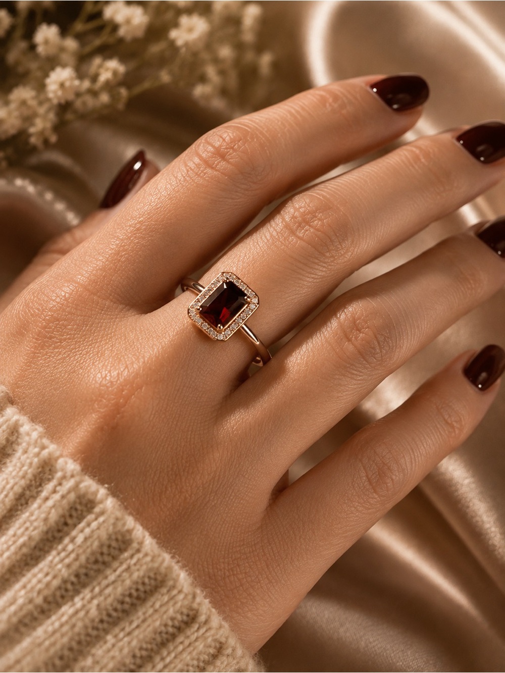 NEW 925 Sterling Silver Rose Gold Tone Deep Red Halo Ring Size 7 - Picture 6 of 6